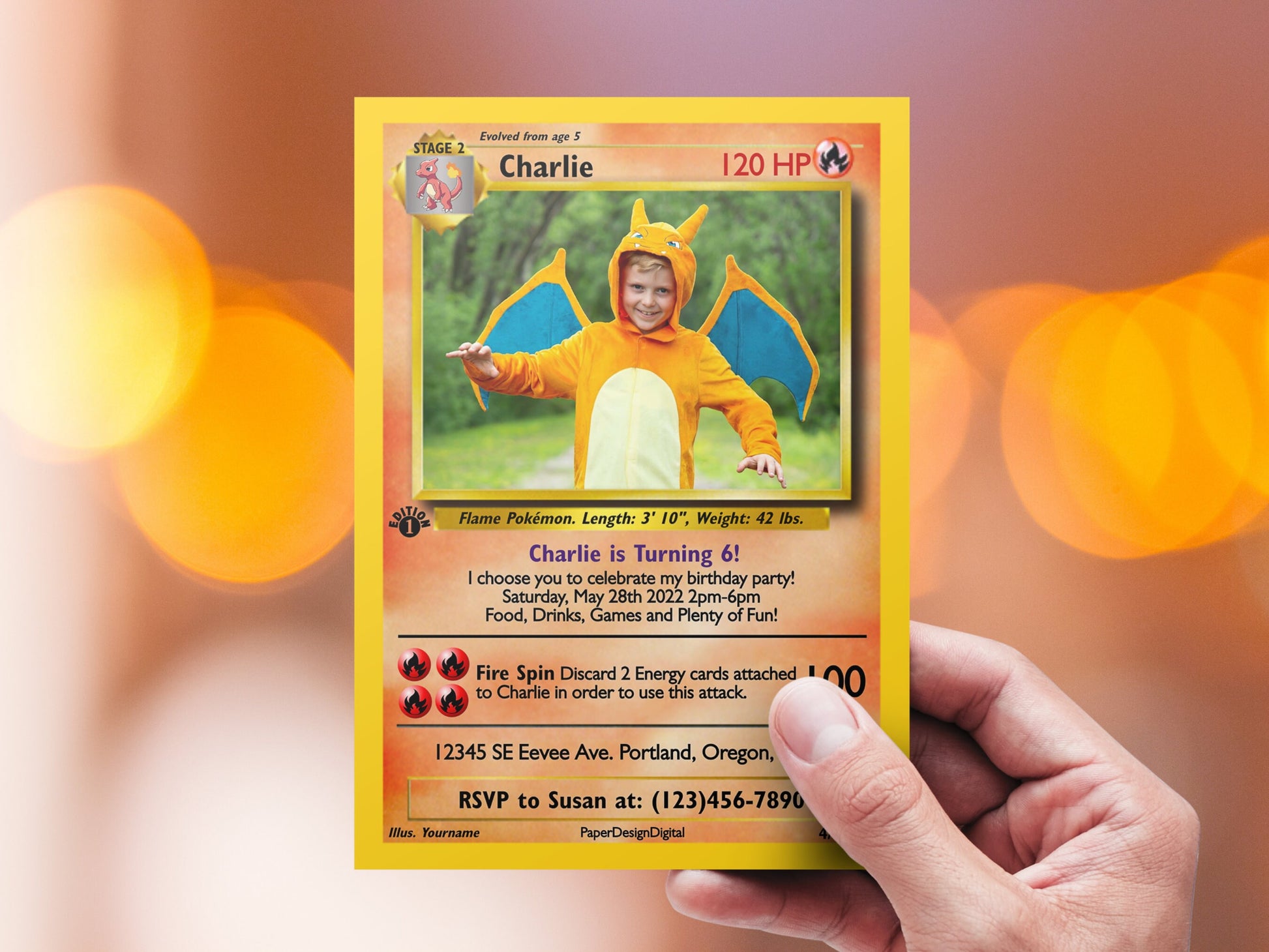 Pokemone Card Birthday Invitation with Picture Photo Printable Editable Template Corjl Digital or Printed Birthday Invitation