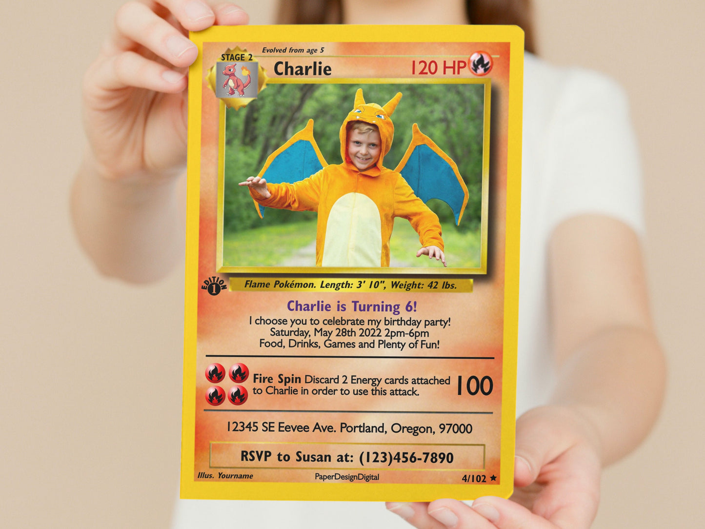 Pokemone Card Birthday Invitation with Picture Photo Printable Editable Template Corjl Digital or Printed Birthday Invitation