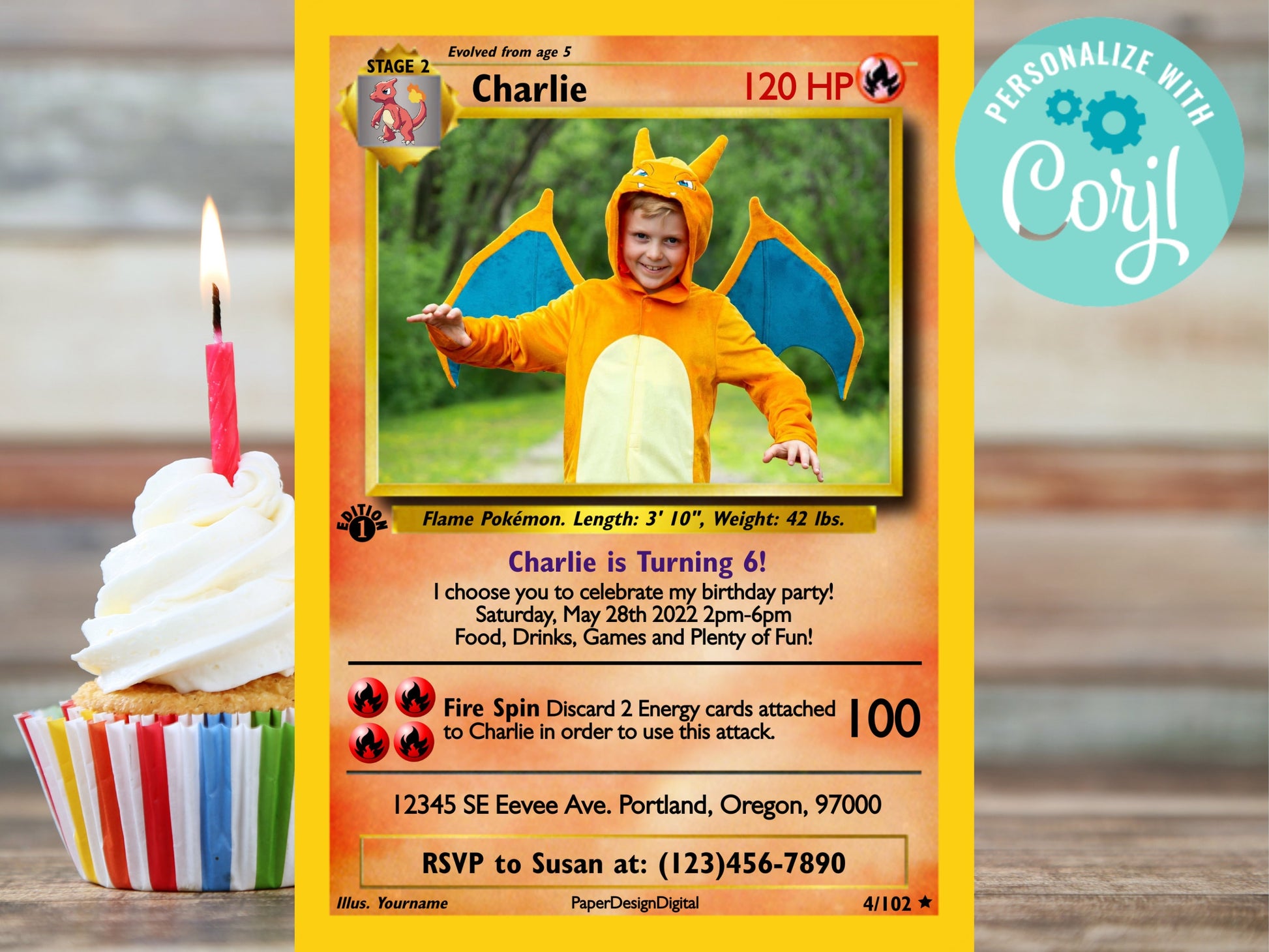 Pokemone Card Birthday Invitation with Picture Photo Printable Editable Template Corjl Digital or Printed Birthday Invitation