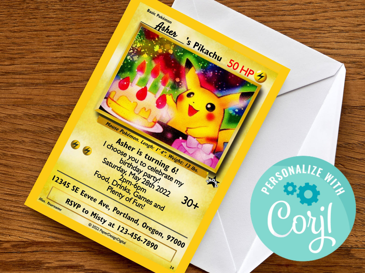 Custom Birthday Pokemone Card Birthday Invitation Printable Editable Template Corjl Digital or Printed Birthday Invitation Pokemone Card