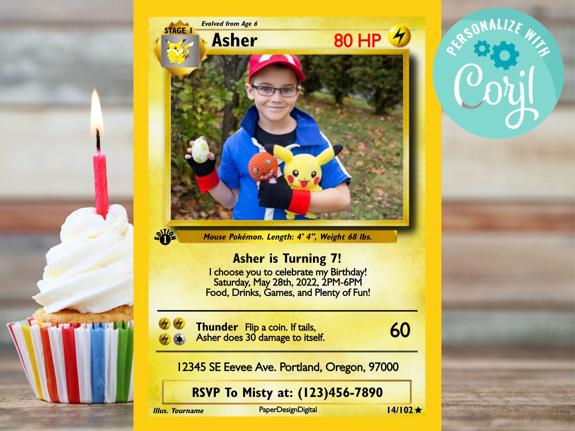 Pokemone Card Birthday Invitation with Picture Photo Printable Editable Template Corjl Digital or Printed Birthday Invitation