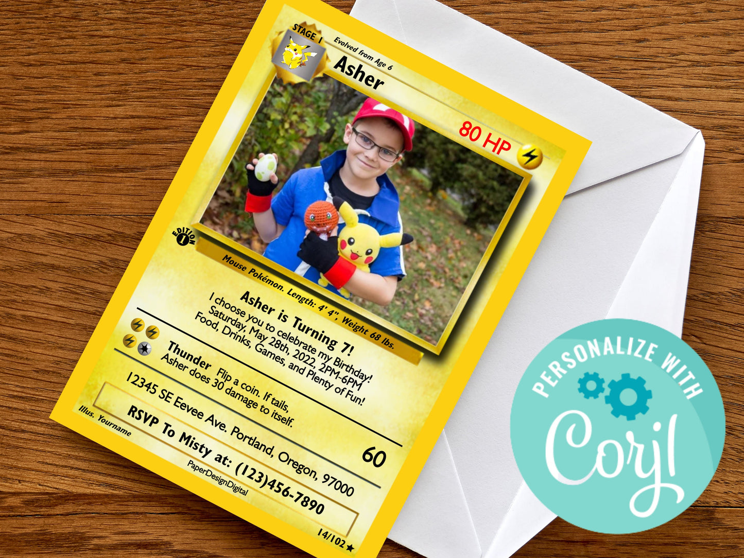 Pokemone Card Birthday Invitation with Picture Photo Printable Editable Template Corjl Digital or Printed Birthday Invitation