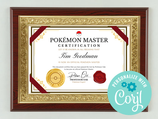 Pokemone Trainer Certificate Signed by Professor Oak Instant Download, Corjl, Pokemone Master Certificate, Pokemone Gift, Png, Jpg, Pdf