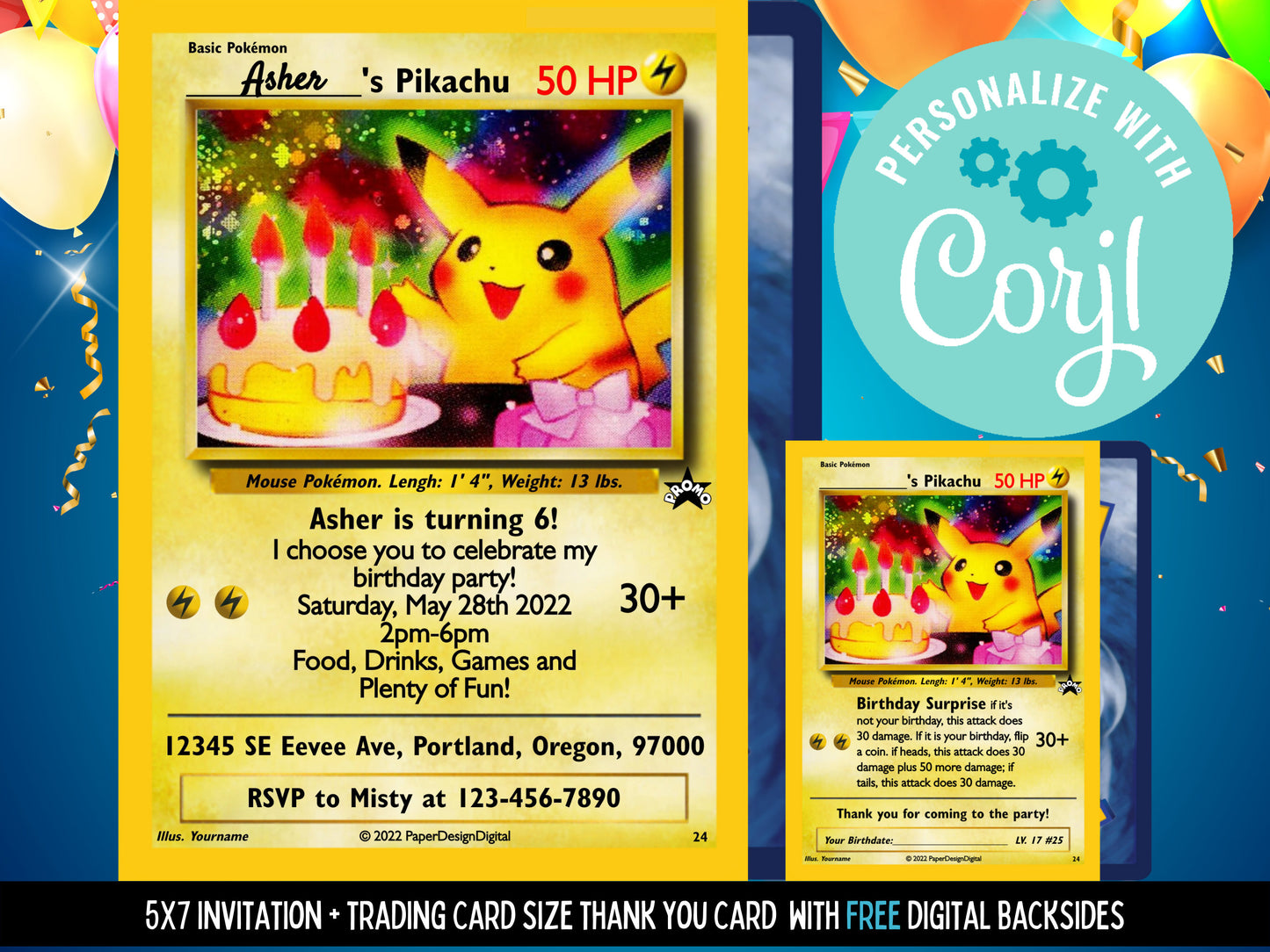 Custom Birthday Pokemone Card Birthday Invitation Printable Editable Template Corjl Digital or Printed Birthday Invitation Pokemone Card