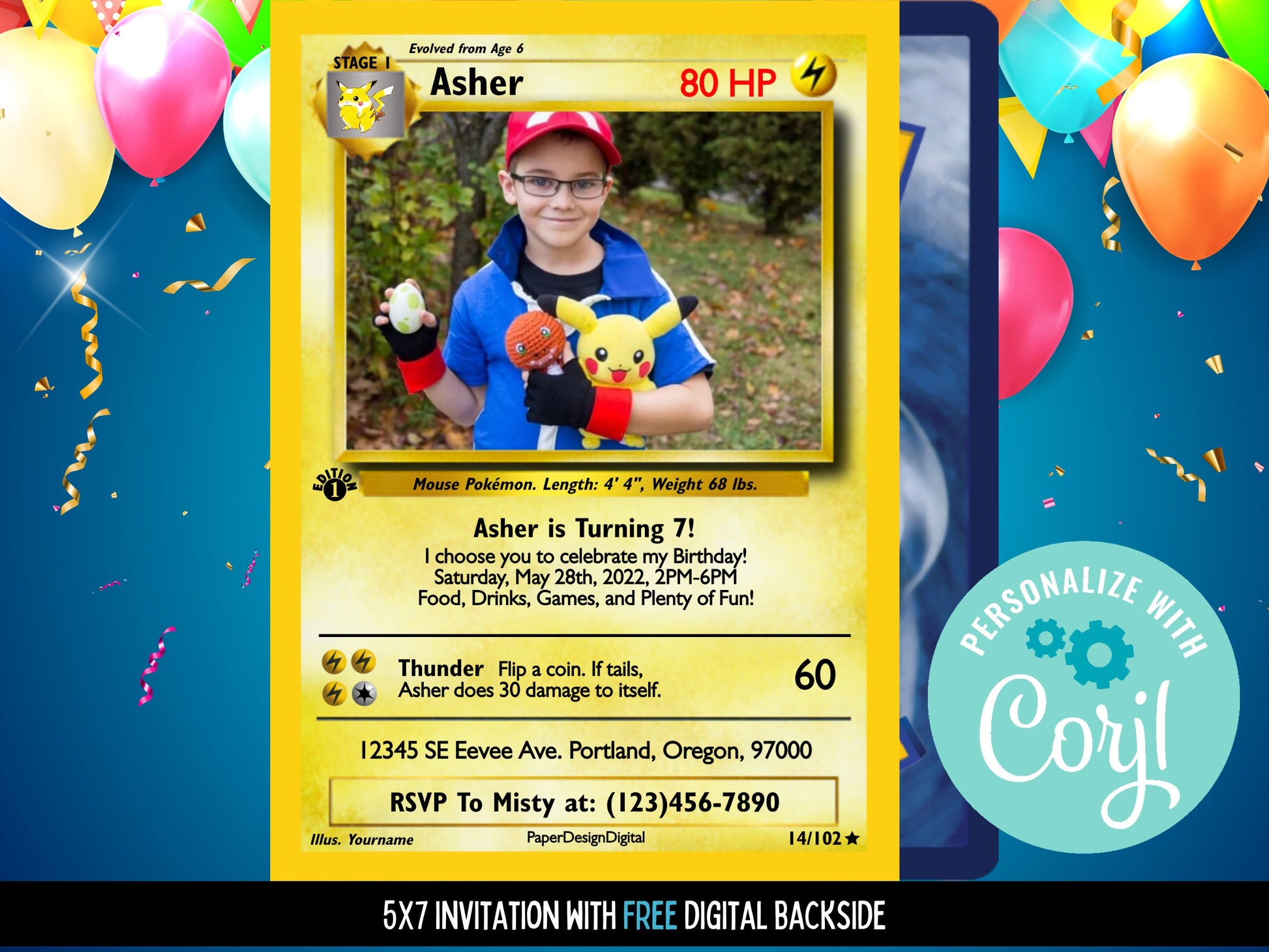 Pokemone Card Birthday Invitation with Picture Photo Printable Editable Template Corjl Digital or Printed Birthday Invitation