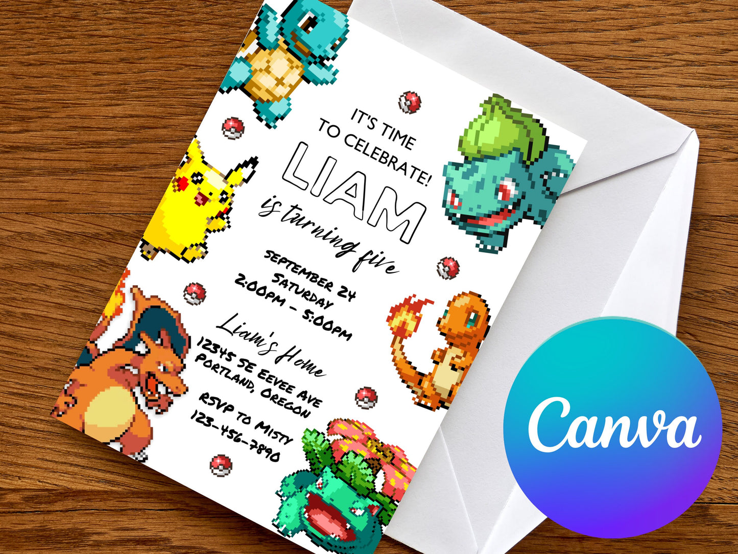 Pixelated Pokemone Birthday Boy Invitation Printable Editable Template Mobile Phone Evite Digital, Printed Electronic Invitation Card Canva