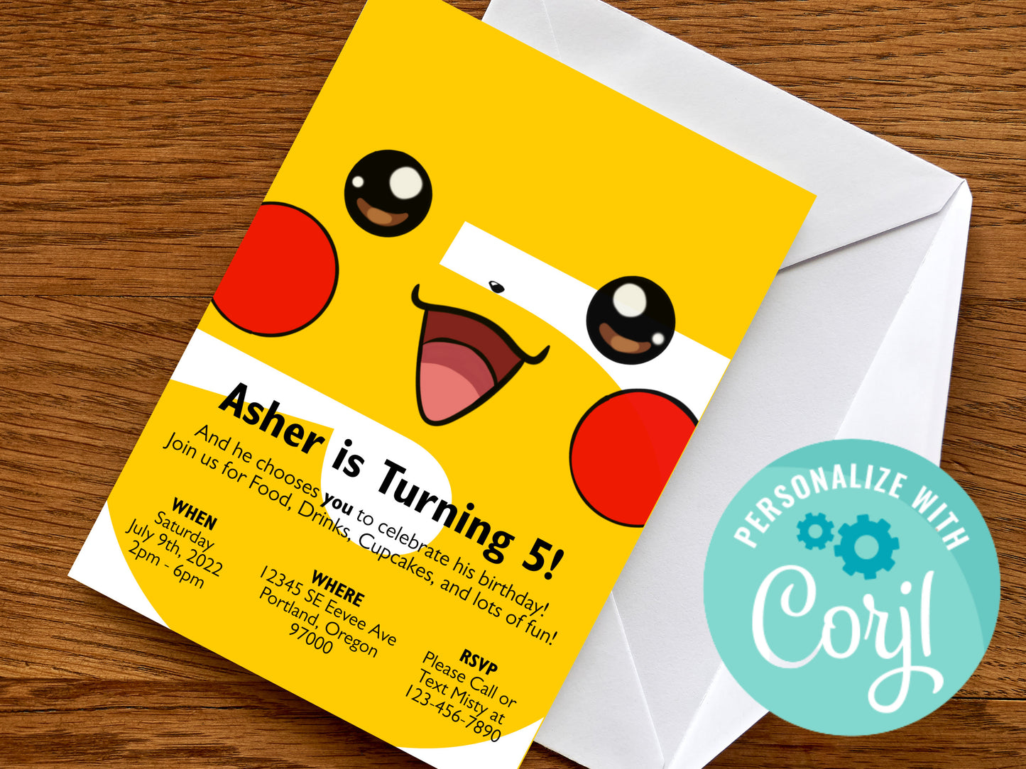 Pikachu Simple Birthday Invitation Ages 1-9 Printable Editable Template trough Corjl Digital or Printed Electronic Pokemone Instant Download