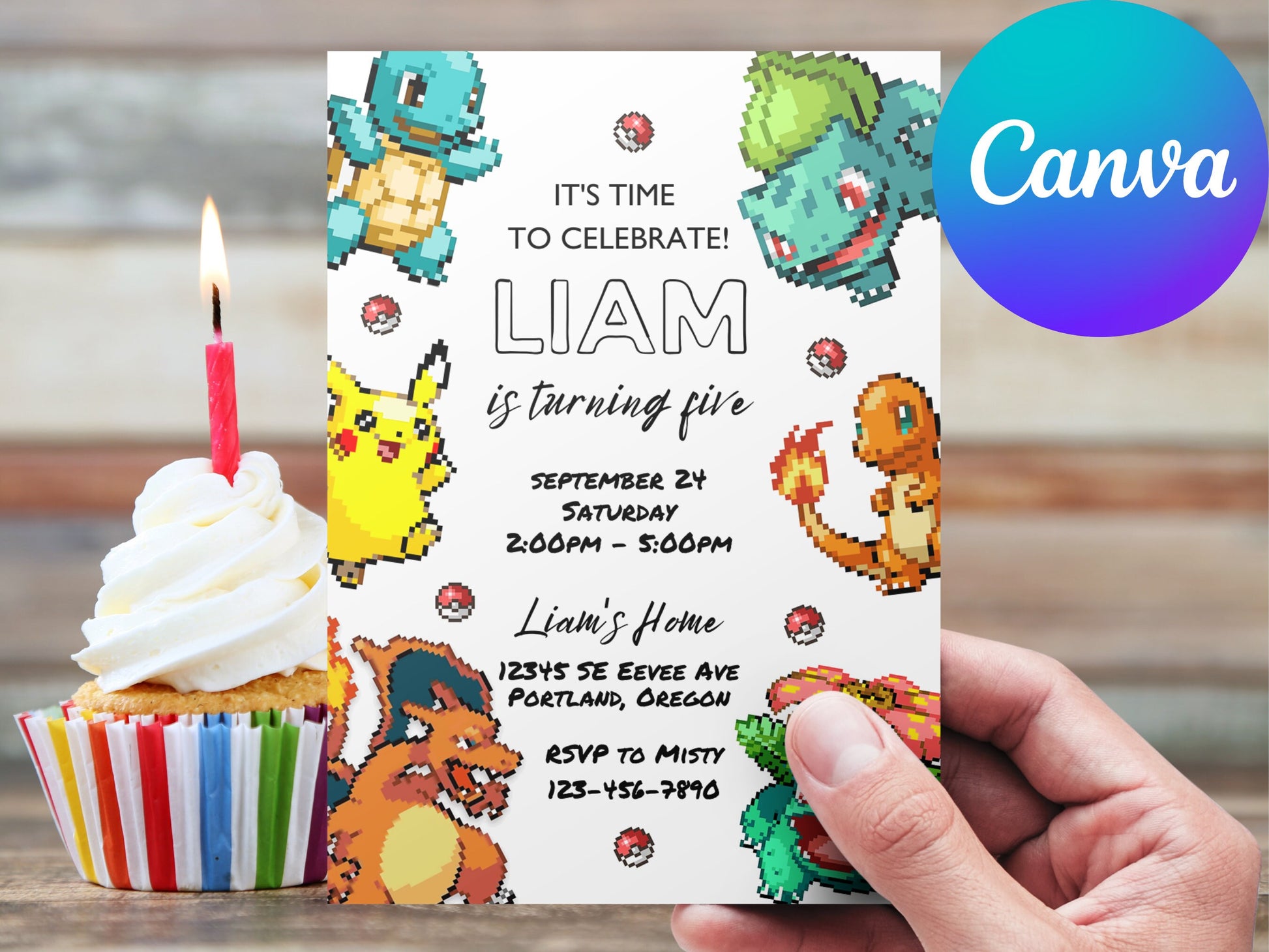 Pixelated Pokemone Birthday Boy Invitation Printable Editable Template Mobile Phone Evite Digital, Printed Electronic Invitation Card Canva