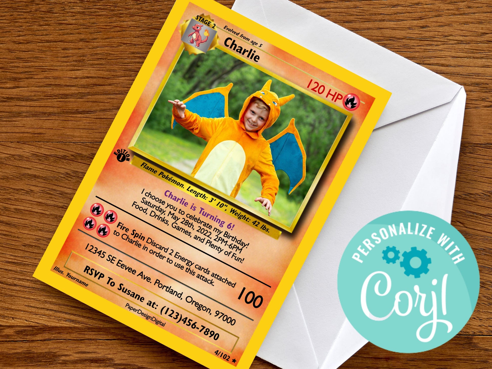 Pokemone Card Birthday Invitation with Picture Photo Printable Editable Template Corjl Digital or Printed Birthday Invitation