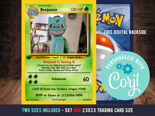 Pokemone Card Birthday Invitation with Picture Photo Printable Editable Template Corjl Digital or Printed Birthday Invitation