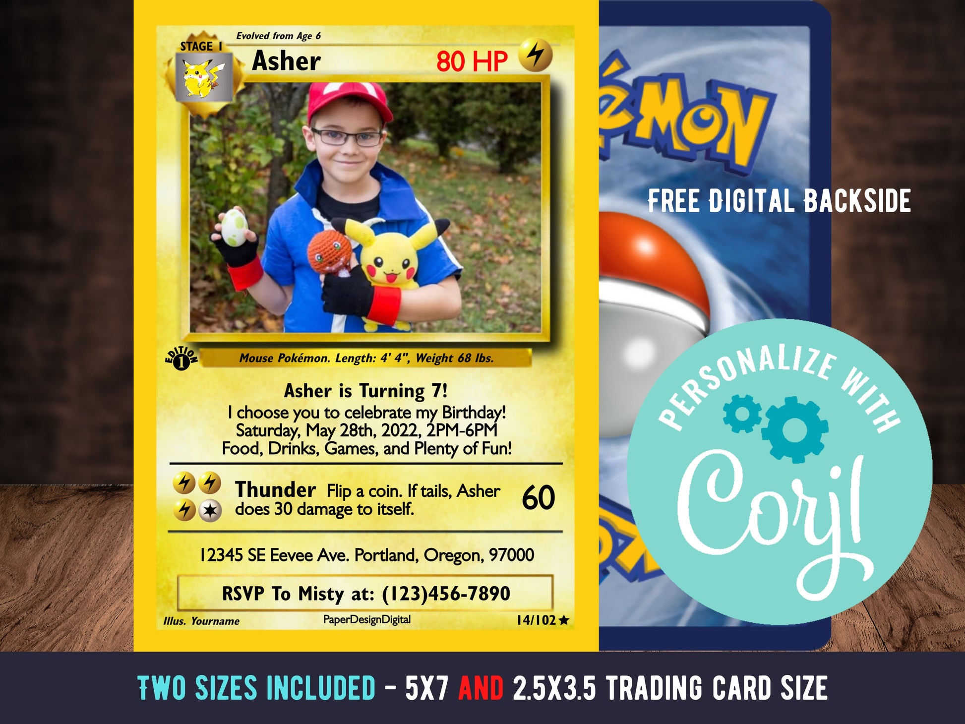 Pokemone Card Birthday Invitation with Picture Photo Printable Editable Template Corjl Digital or Printed Birthday Invitation