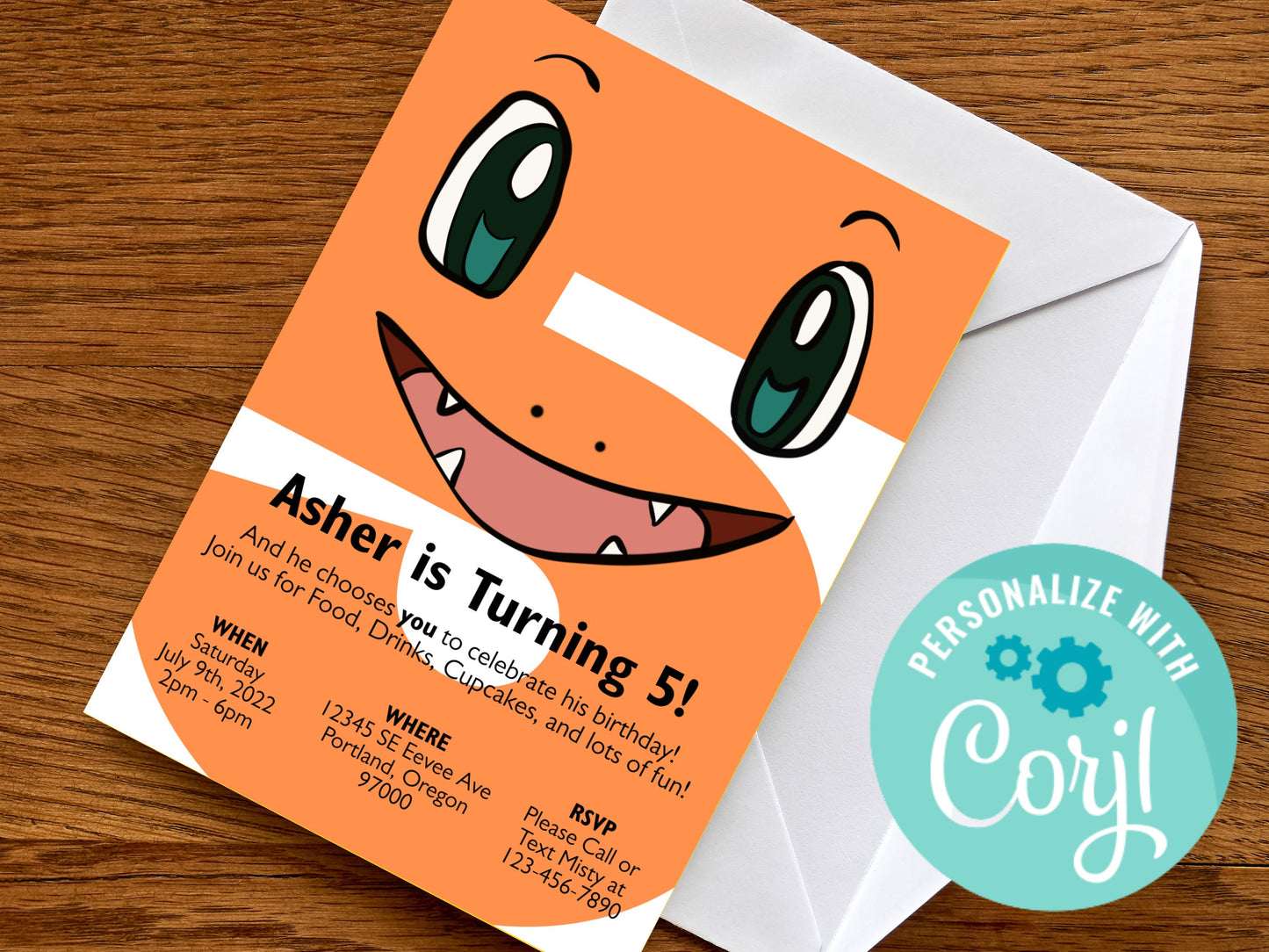 Charmander Simple Birthday Invitation Printable Editable Template trough Corjl, Digital or Printed Electronic Pokemone Instant Download