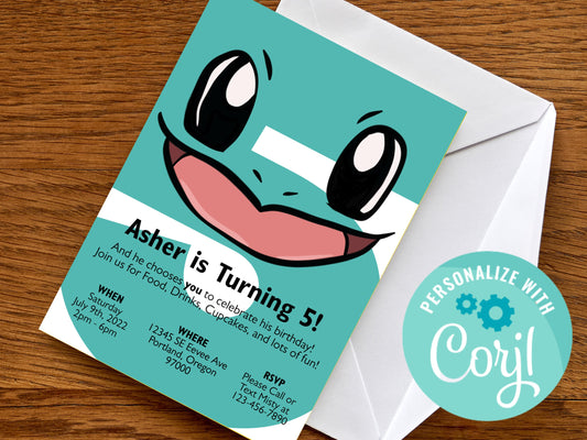 Squirtle Simple Birthday Invitation Printable Editable Template trough Corjl, Digital or Printed Electronic Pokemone Instant Download