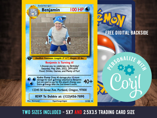 Pokemone Card Birthday Invitation with Picture Photo Printable Editable Template Corjl Digital or Printed Birthday Invitation