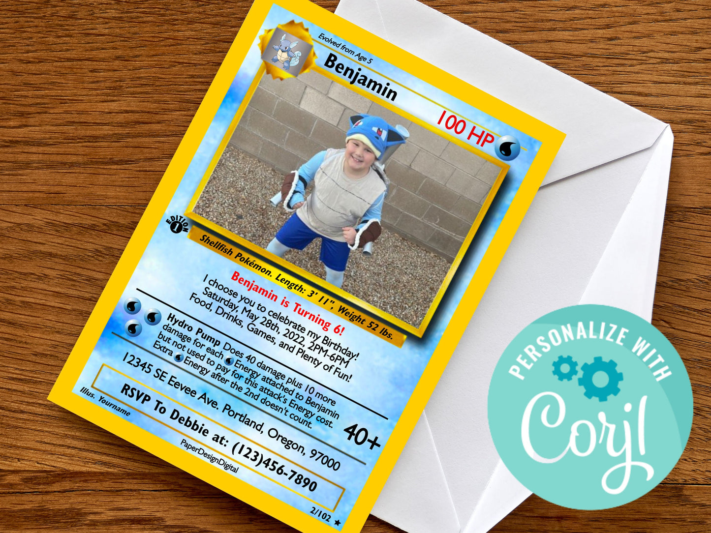 Pokemone Card Birthday Invitation with Picture Photo Printable Editable Template Corjl Digital or Printed Birthday Invitation