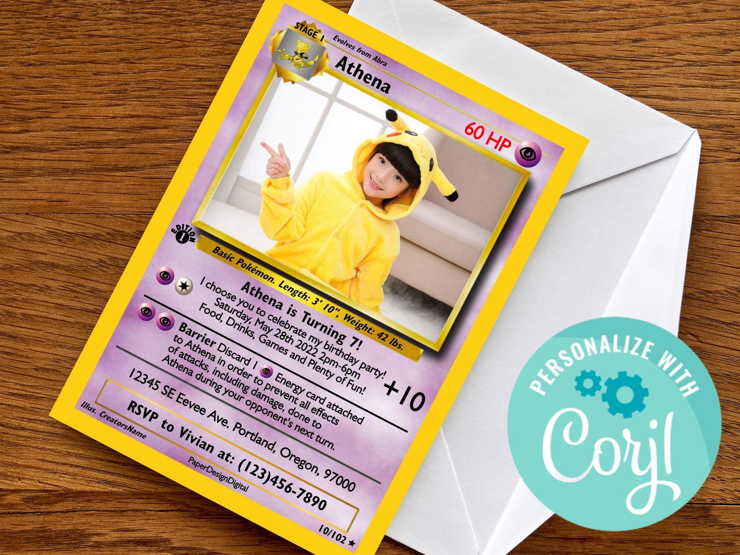 Pokemone Card Birthday Invitation with Picture Photo Printable Editable Template Corjl Digital or Printed Birthday Invitation