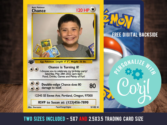 Pokemone Card Birthday Invitation with Picture Photo Printable Editable Template Corjl Digital or Printed Birthday Invitation