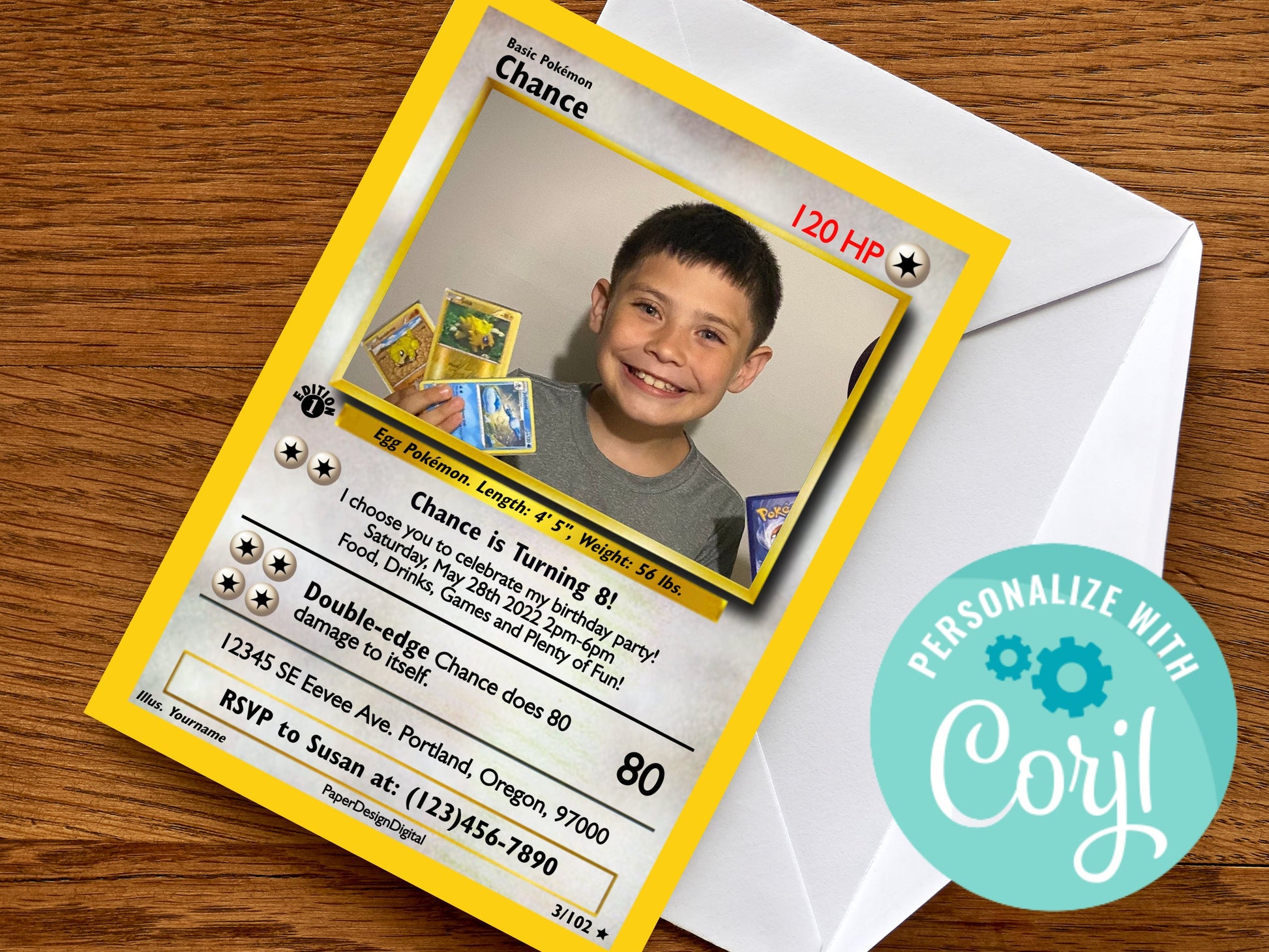 Pokemone Card Birthday Invitation with Picture Photo Printable Editable Template Corjl Digital or Printed Birthday Invitation