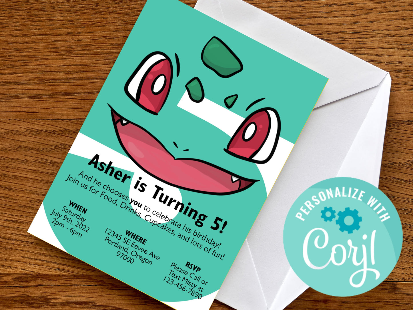 Bulbasaur Simple Birthday Invitation Printable Editable Template trough Corjl, Digital or Printed Electronic Pokemone Instant Download