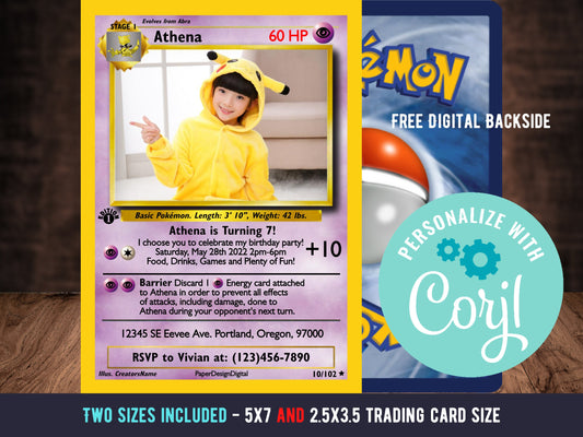 Pokemone Card Birthday Invitation with Picture Photo Printable Editable Template Corjl Digital or Printed Birthday Invitation