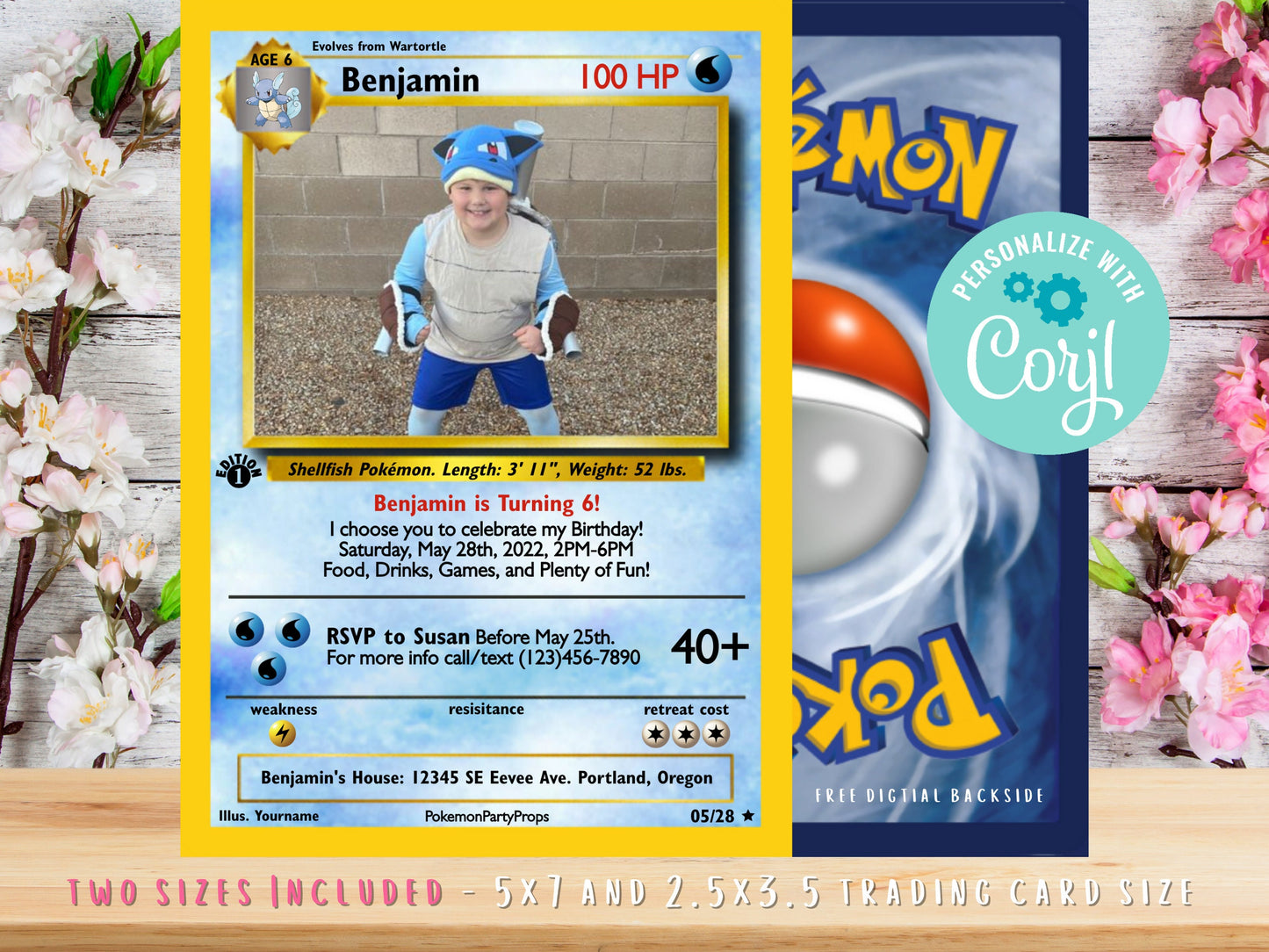 Pokemone Card Birthday Invitation with Picture Photo Printable Editable Template Corjl Digital or Printed Birthday Invitation