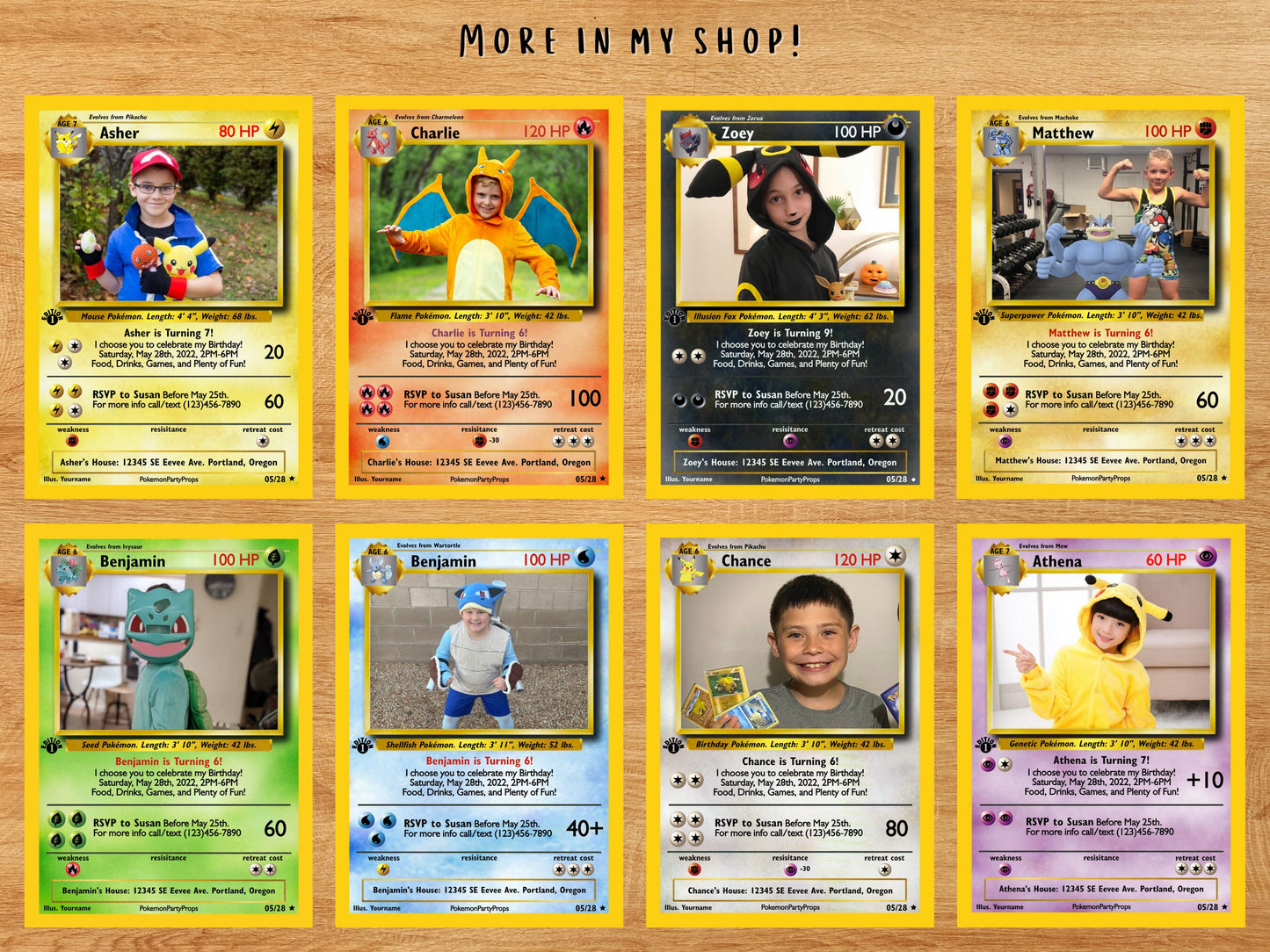 Custom Pokemone Card Birthday Party Invitation Template with Photo Edit through Corjl, Includes 5x7 Invitation and 2.5x3.5 Trading Card Size