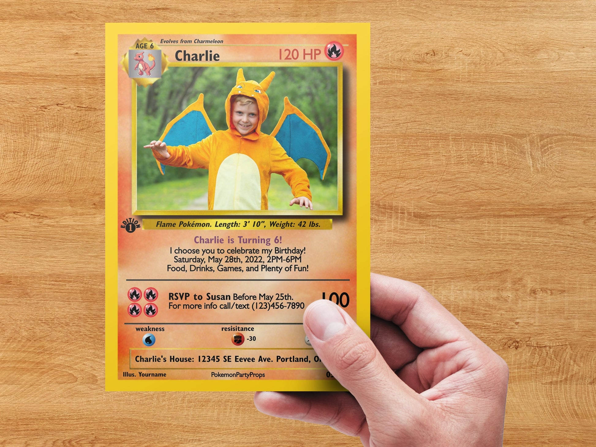 Pokemone Card Birthday Invitation with Picture Photo Printable Editable Template Corjl Digital or Printed Birthday Invitation