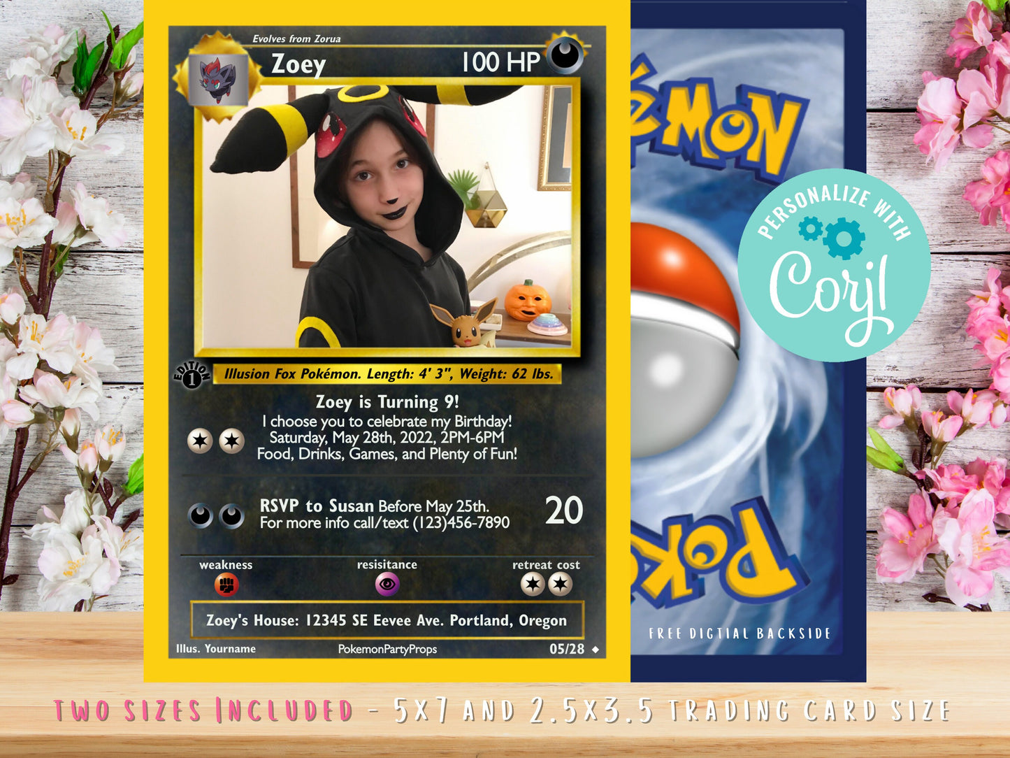 Custom Pokemone Card Birthday Party Invitation Template with Photo Edit through Corjl, Includes 5x7 Invitation and 2.5x3.5 Trading Card Size