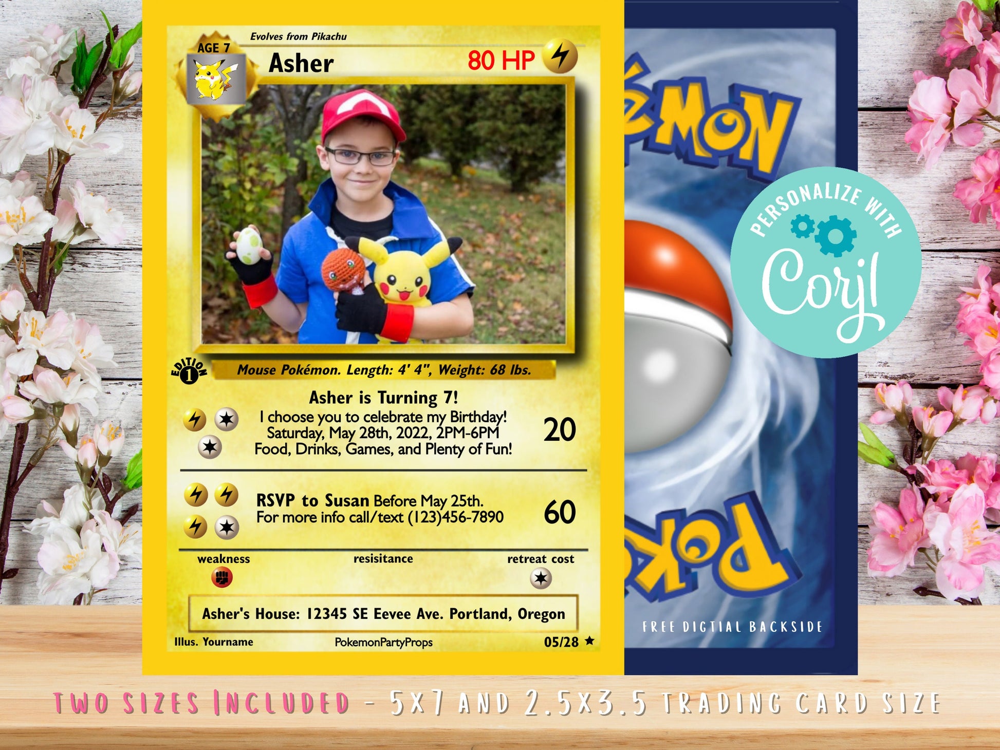 Pokemone Card Birthday Invitation with Picture Photo Printable Editable Template Corjl Digital or Printed Birthday Invitation