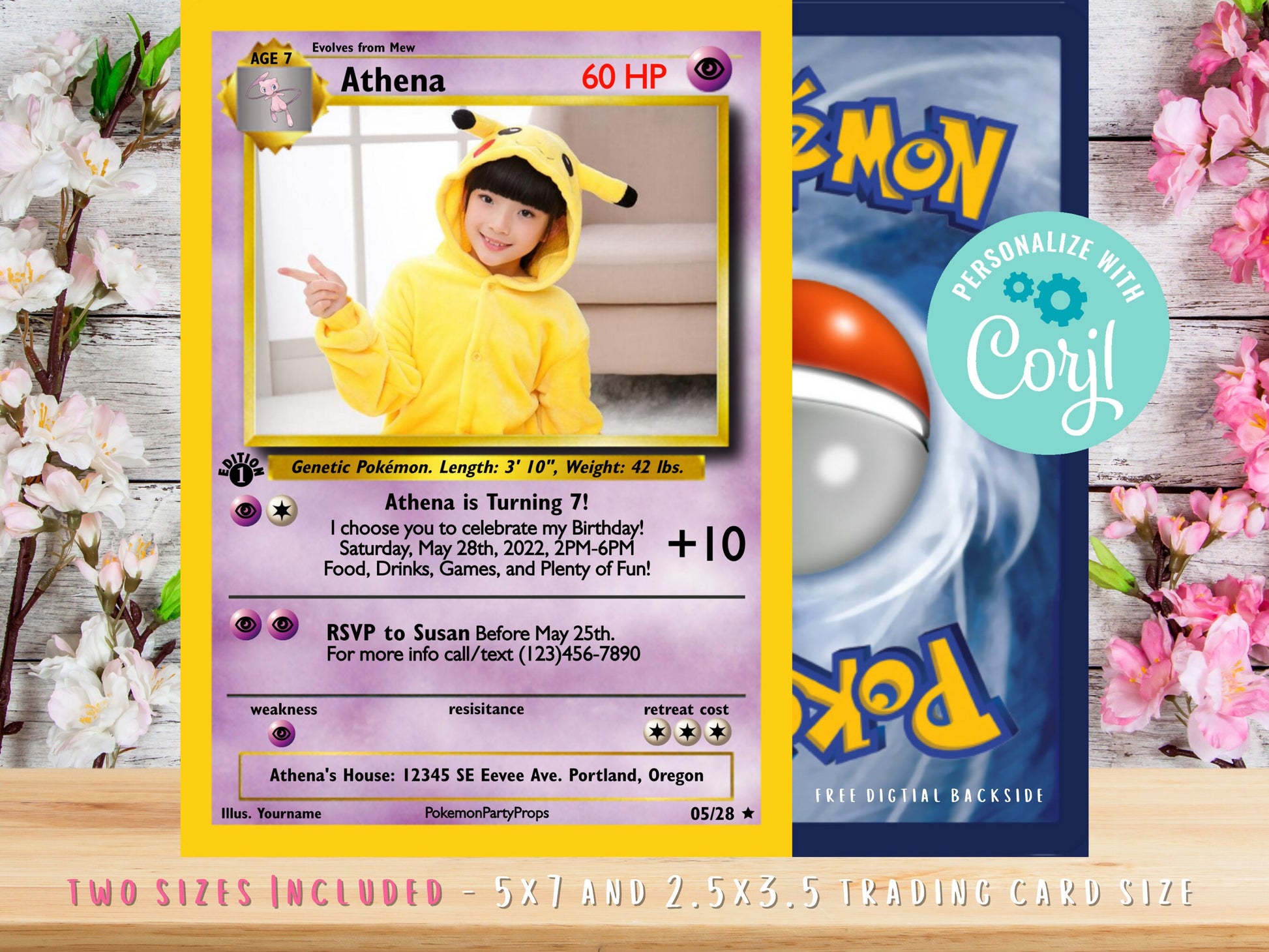 Pokemone Card Birthday Invitation with Picture Photo Printable Editable Template Corjl Digital or Printed Birthday Invitation