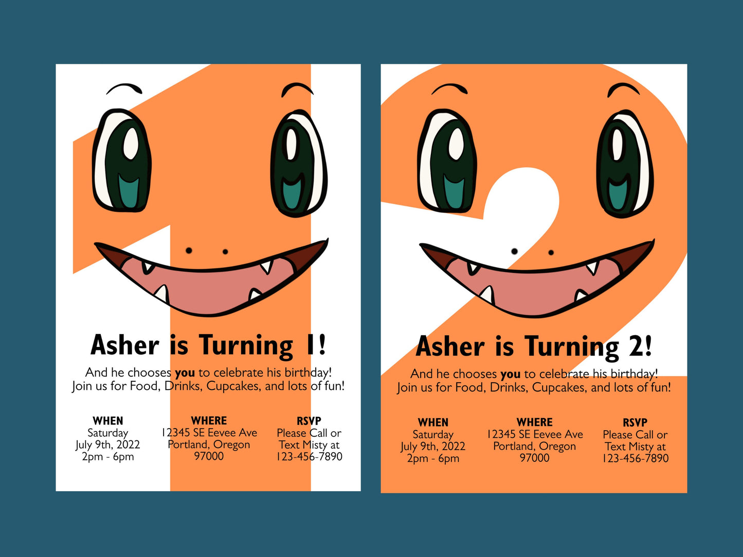 Charmander Simple Birthday Invitation Printable Editable Template trough Corjl, Digital or Printed Electronic Pokemone Instant Download