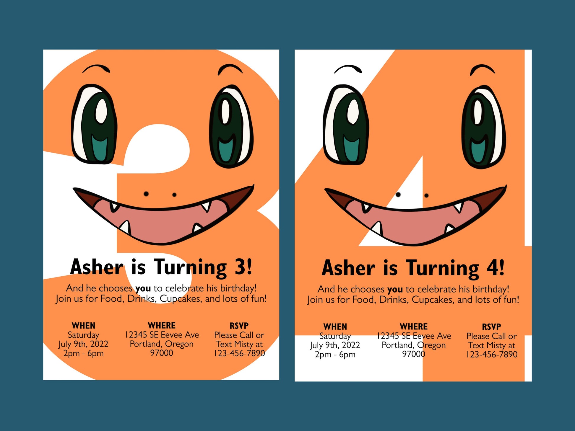 Charmander Simple Birthday Invitation Printable Editable Template trough Corjl, Digital or Printed Electronic Pokemone Instant Download