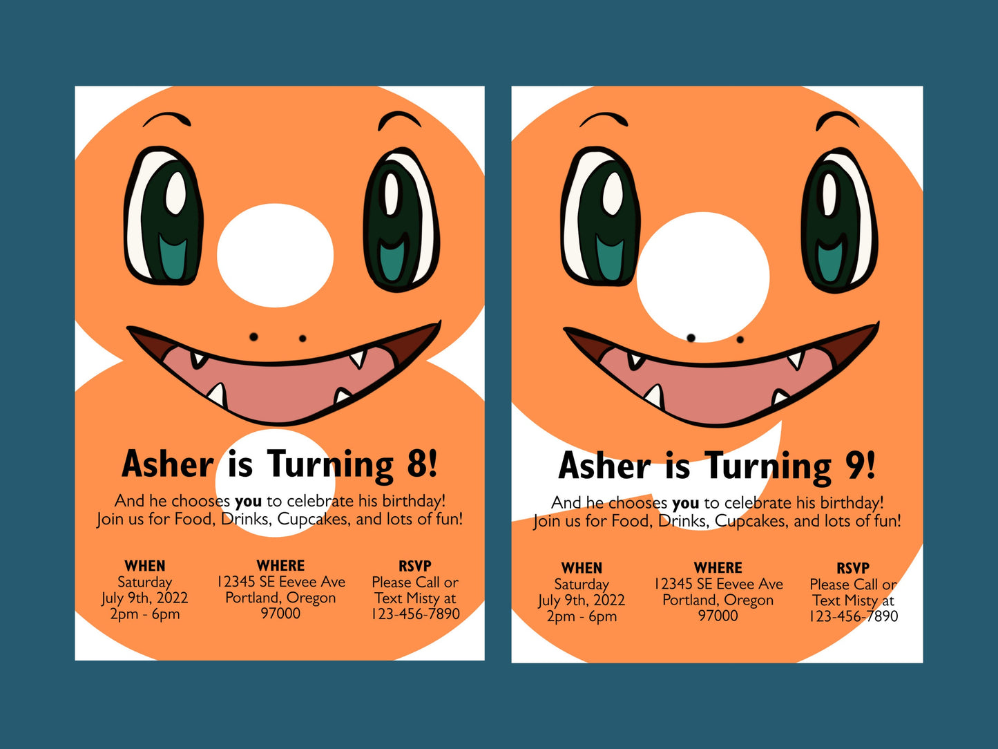 Charmander Simple Birthday Invitation Printable Editable Template trough Corjl, Digital or Printed Electronic Pokemone Instant Download