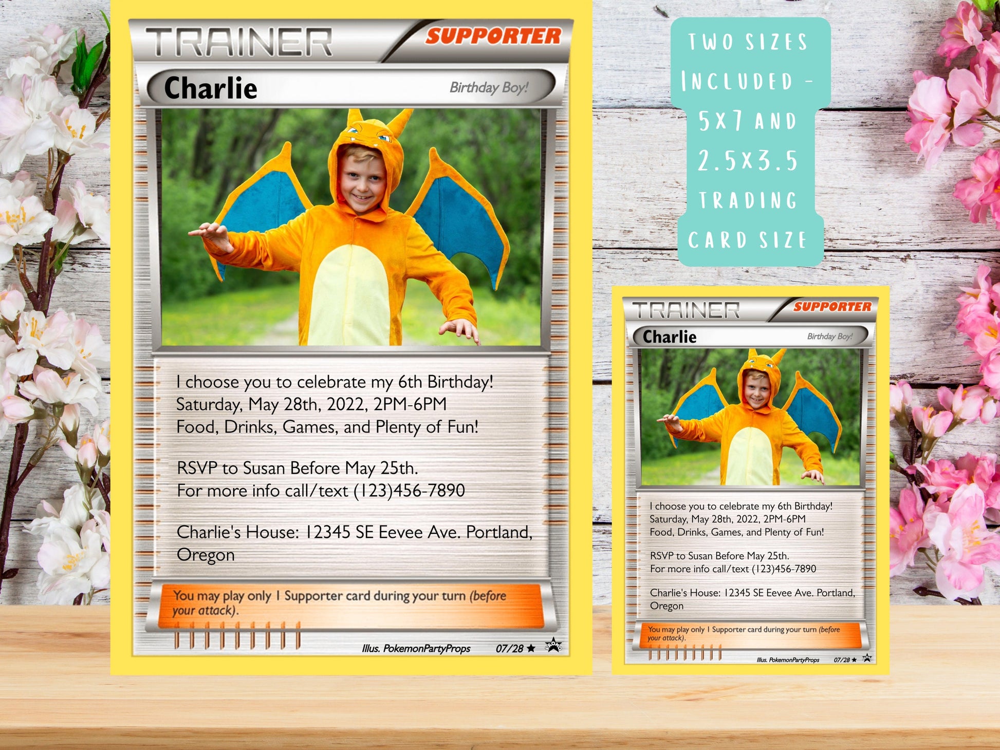 Pokemone Trainer Card Birthday Invitation 5x7 and 2.5x3.5 Trading Card Size