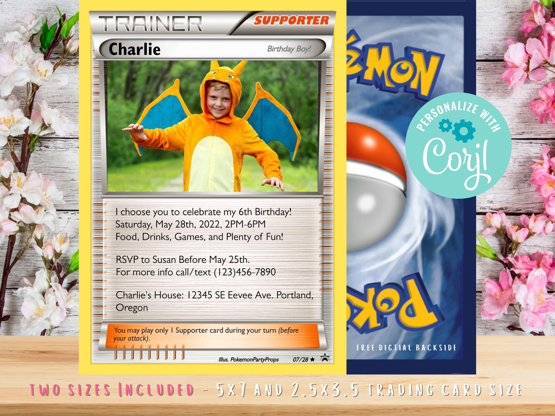 Pokemone Trainer Card Birthday Invitation 5x7 and 2.5x3.5 Trading Card Size