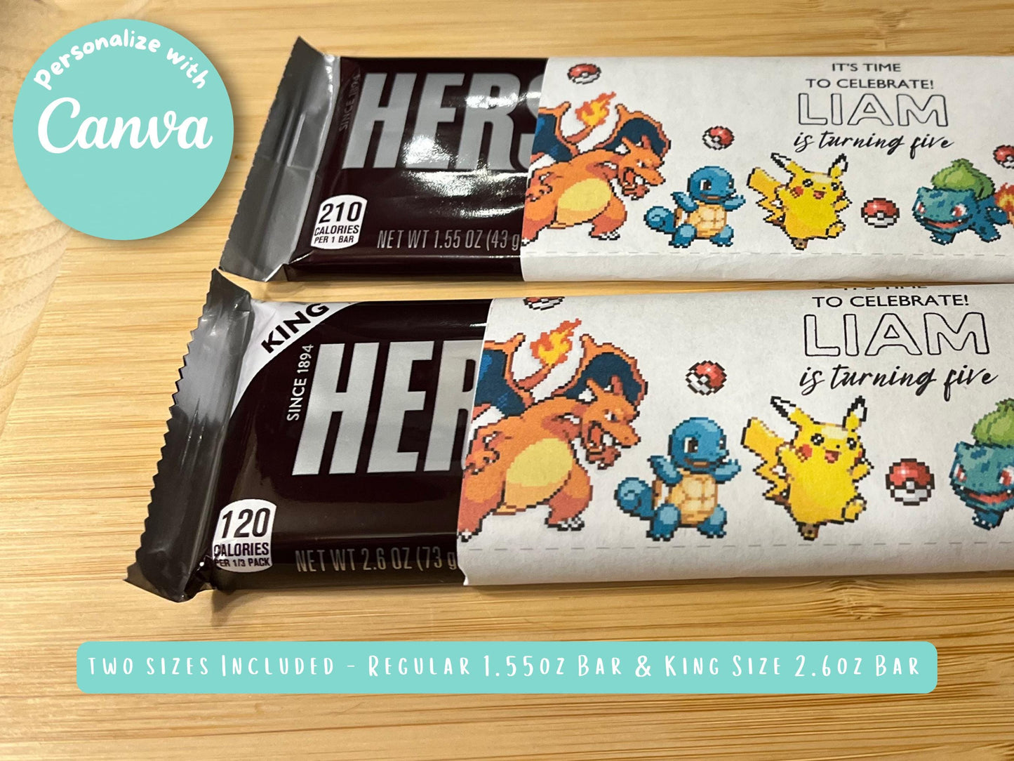 Pokemone Pixelated Chocolate Bar Wrapper Birthday Invitation Template for Regular 1.55oz and King Size 2.6oz Hershey Bars, for 8.5x11 Print