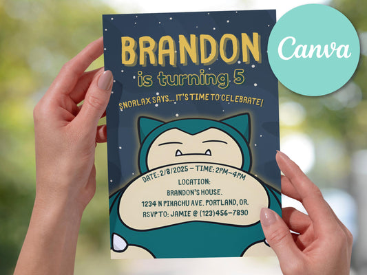 Pokemone Birthday Invitation Snorlax 5x7 Card Template for Canva, Pokemone Party Invite